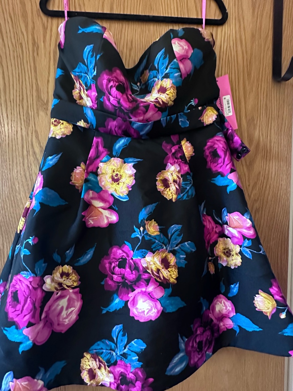 Betsey Johnson Black Floral Fit & Flare Dress with Pink, Blue & Yellow Blooms